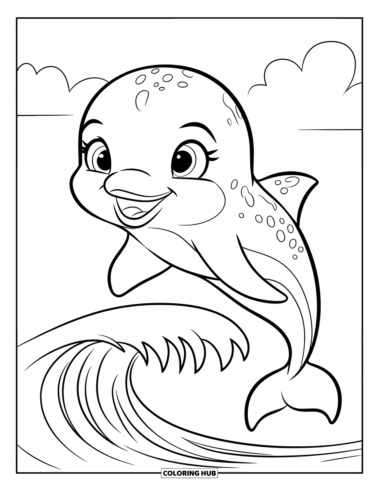 Baby Dolphin Coloring Page for Kids: The dolphin leaps with a big smile and patterned skin
