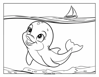 Delfinbaby-Ausmalbild für Kinder: Der Delfin schaut zu einem Segelboot hinauf, während er durch ruhiges Wasser schwimmt