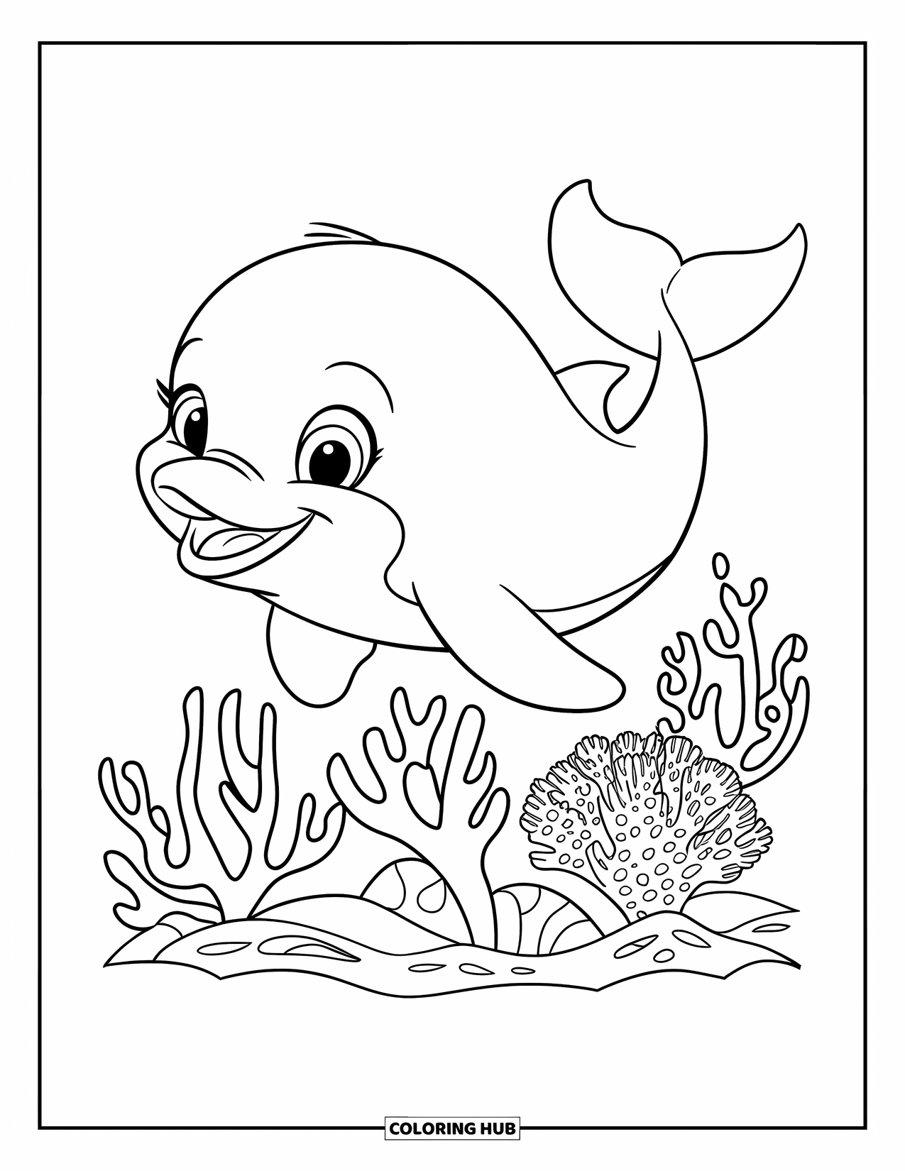Baby Dolphin Coloring Page for Kids: The dolphin playfully rolls above corals in the clear ocean