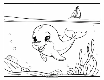 Delfinbaby-Ausmalbild für Kinder: Der Delfin lächelt, während er unter einem Segelboot im Ozean schwimmt