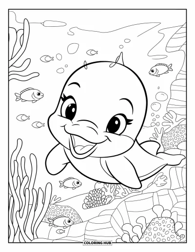Delfinbaby-Ausmalbild für Kinder: Der Delfin lächelt, während er an Fischen und Seesternen in einem Riff vorbeischwimmt