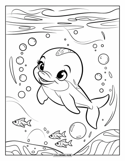 Delfinbaby-Ausmalbild für Kinder: Der Delfin schwimmt und bläst Blasen, während Fische in der Nähe sind
