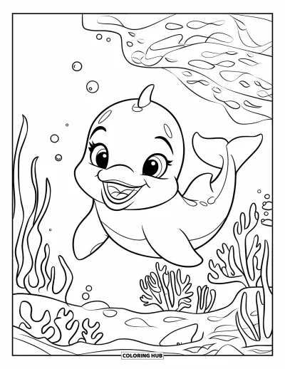 Delfinbaby-Ausmalbild für Kinder: Der Delfin schwimmt vergnügt durch Korallen und Blasen im Ozean