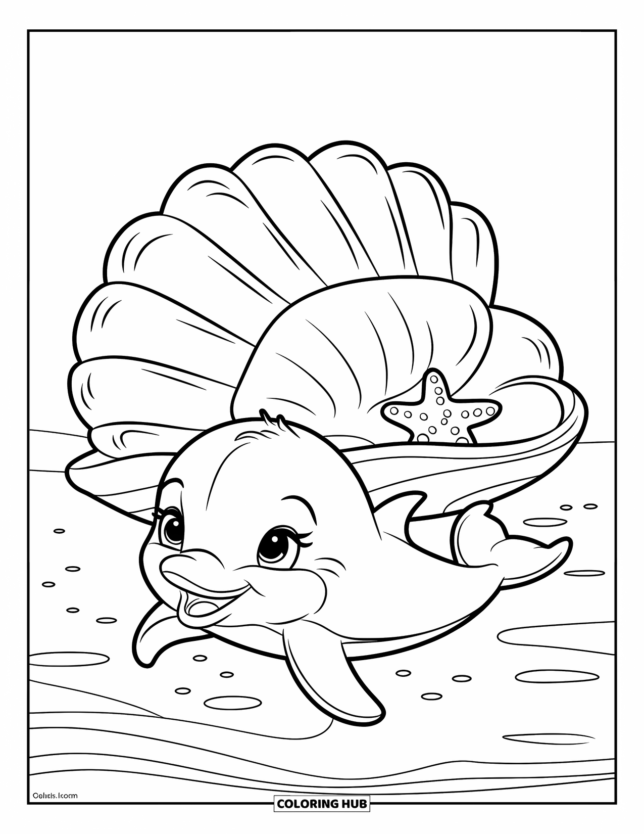 Baby Dolphin Coloring Page for Kids: The dolphin swims past a starfish and a big shell in the ocean