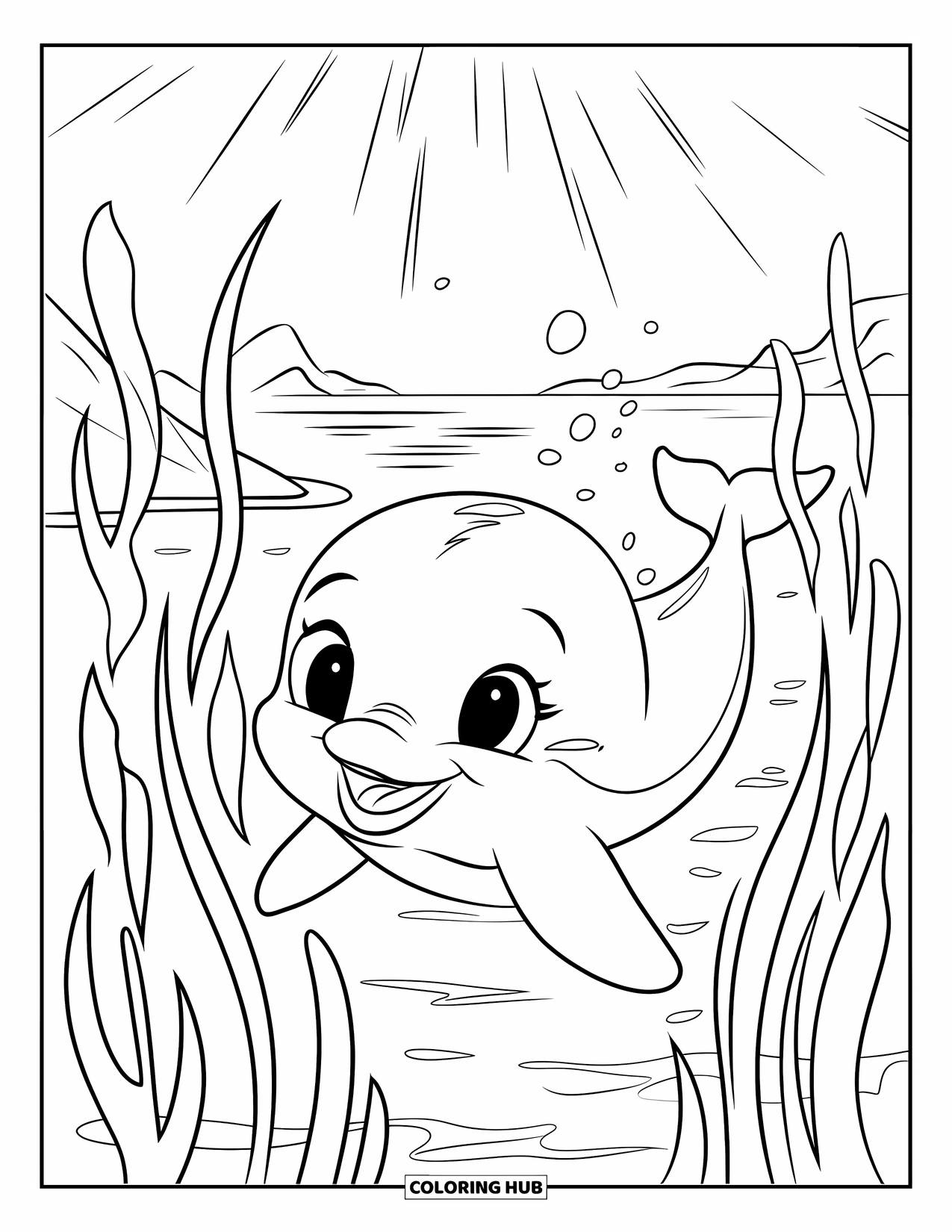 Baby Dolphin Coloring Page for Kids: The dolphin swims through tall seaweed under sunny ocean rays