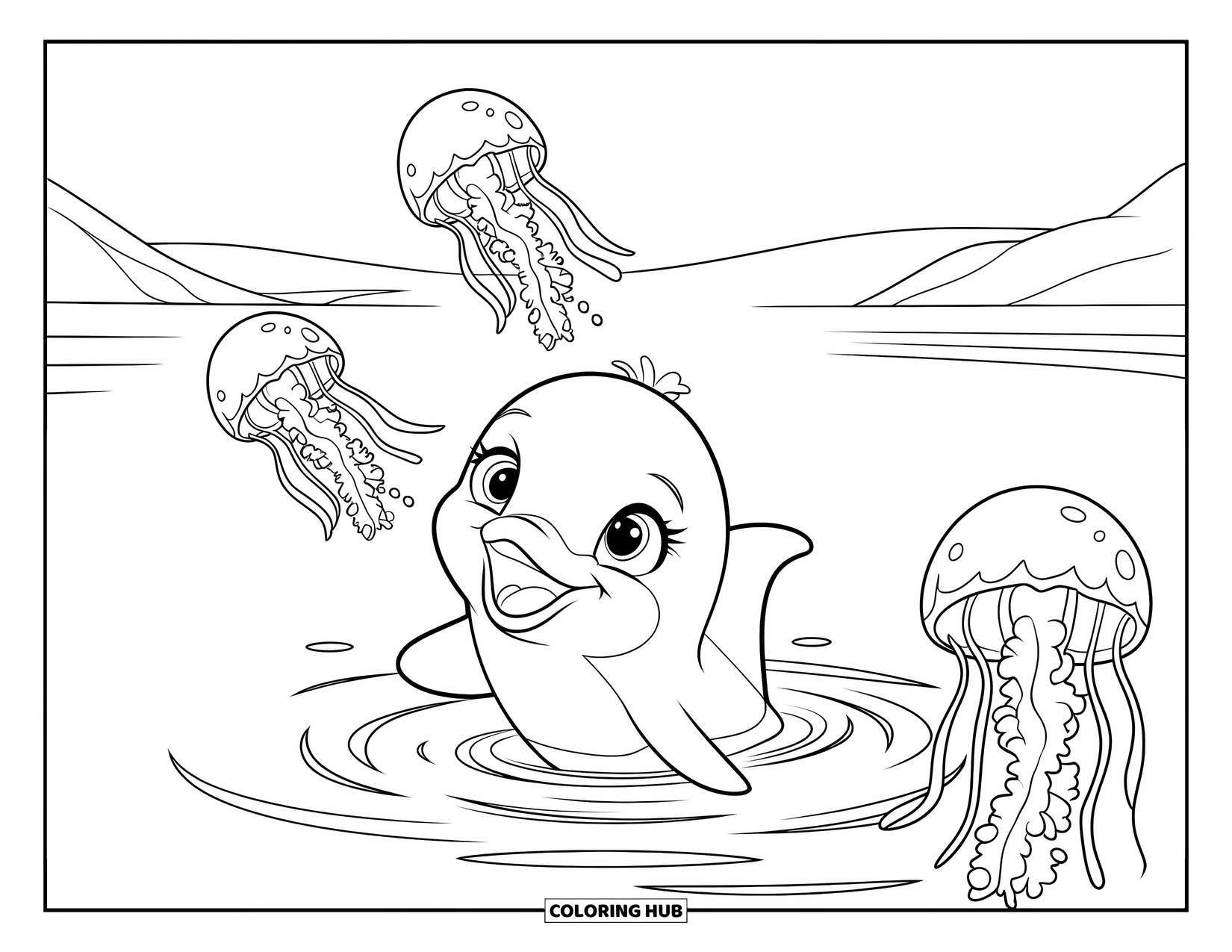 Baby Dolphin Coloring Page for Kids: The dolphin watches jellyfish with wide eyes and a smile