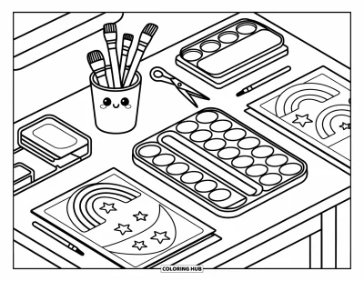 Back To School Coloring Page for Adults: Art class table with supplies, rainbow papers, and scissors