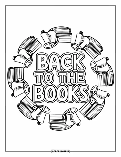 Back To School Coloring Page for Adults: "Back to the Books" with school bells and stacked books in a fun mandala