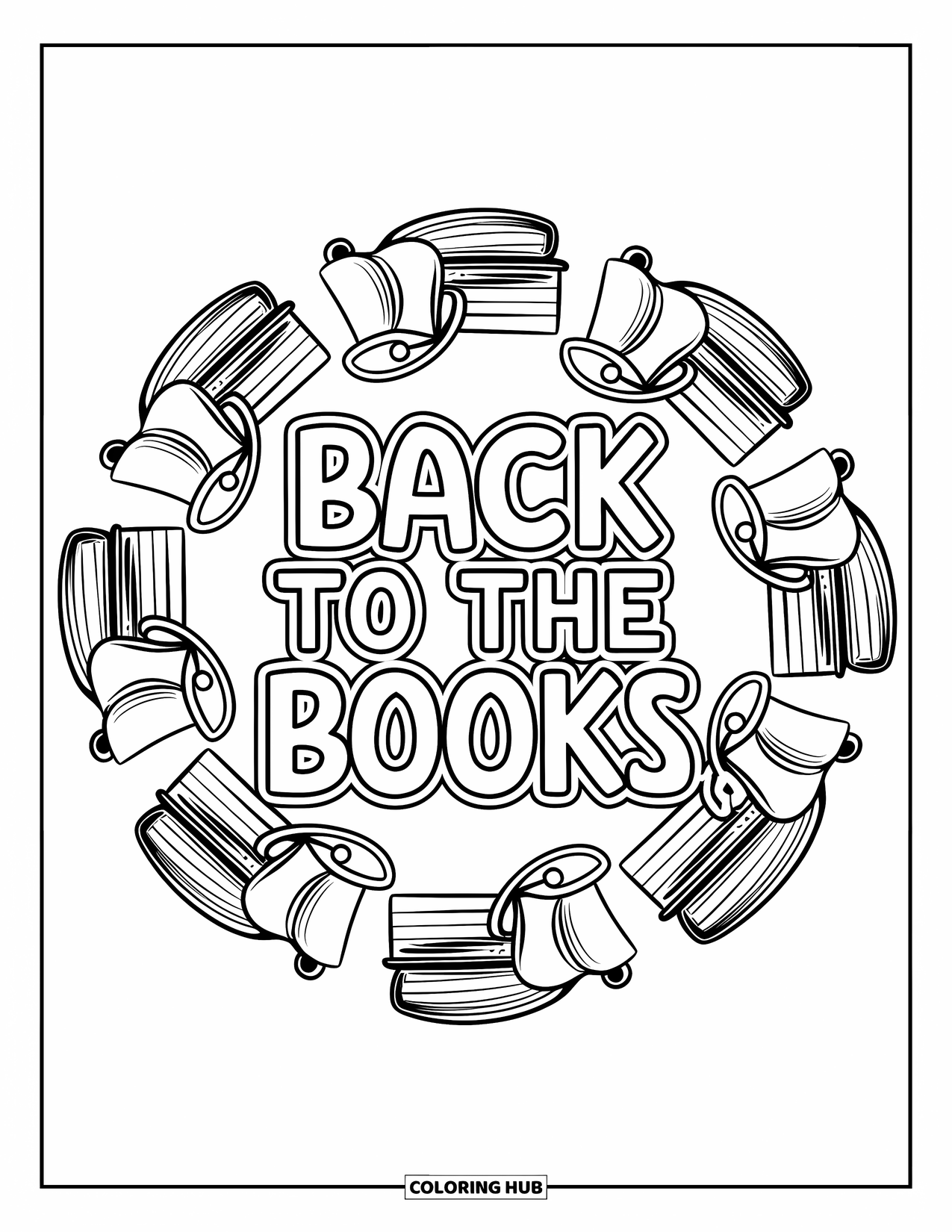 Back To School Coloring Page for Adults: "Back to the Books" with school bells and stacked books in a fun mandala