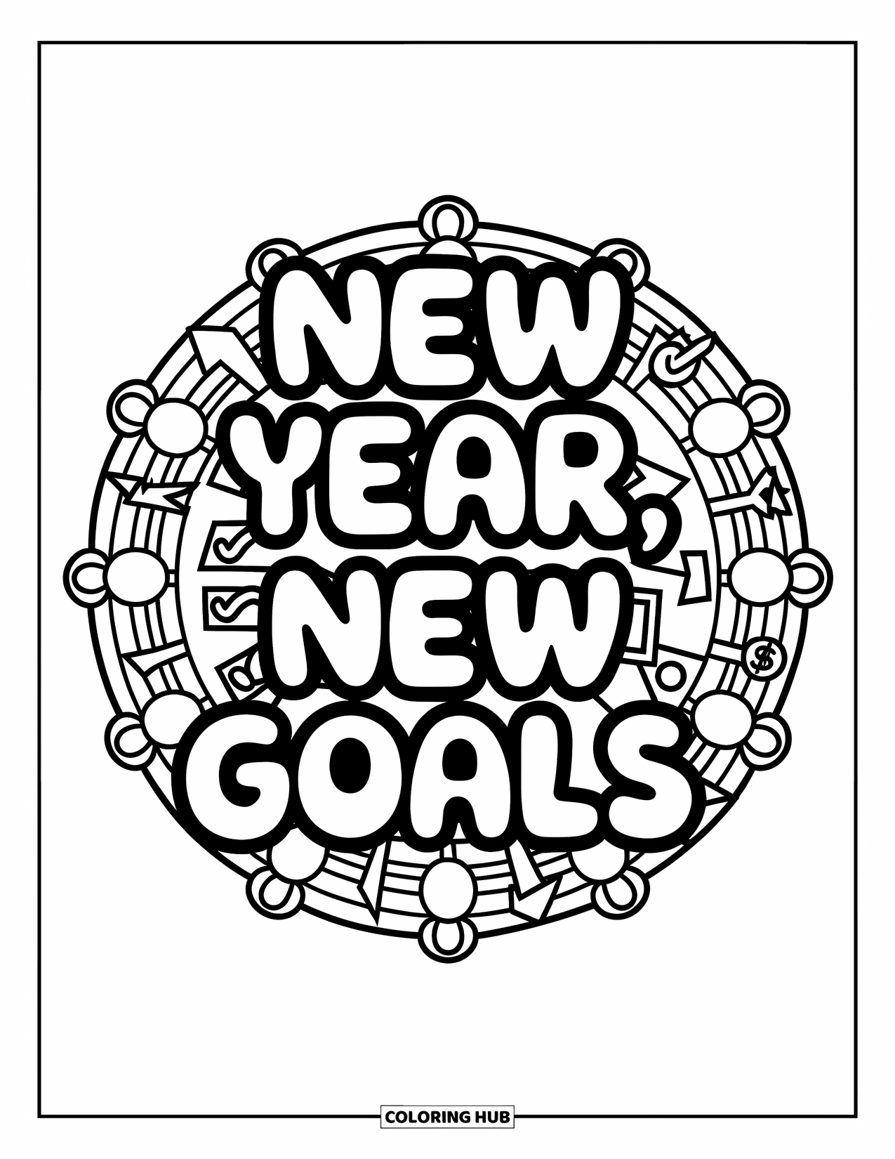 Back To School Coloring Page for Adults: Bubble font "New Year, New Goals" with an inspiring goal-themed mandala