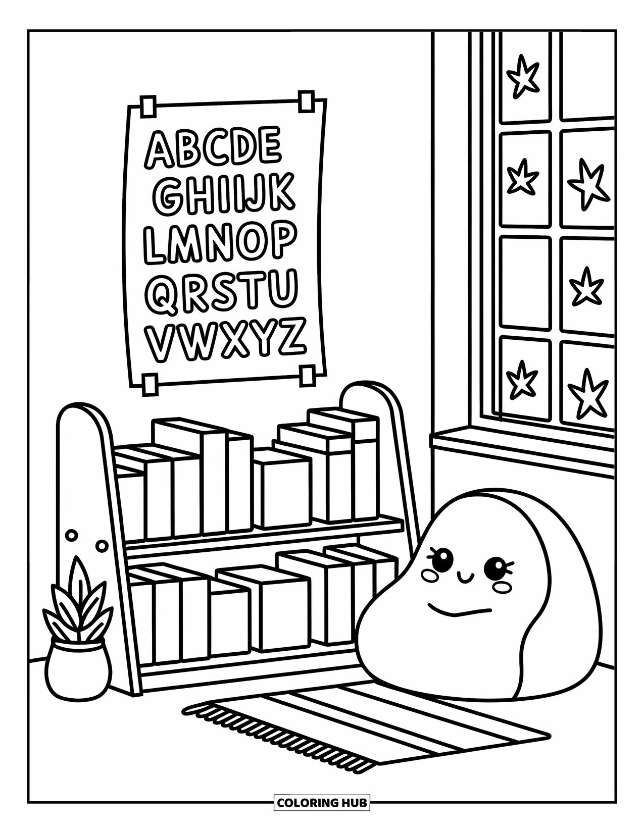 Back To School Coloring Page for Adults: Classroom reading corner with beanbag, alphabet chart, and falling leaves