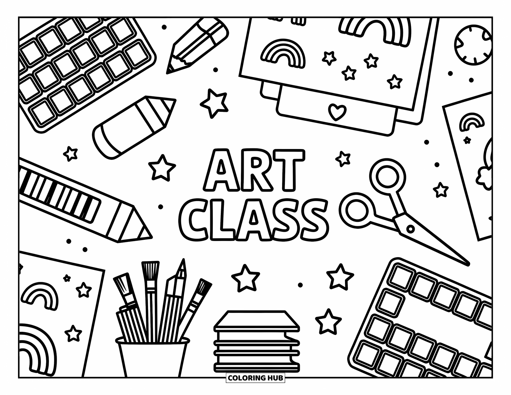 Back To School Coloring Page for Adults: Cute art table with brushes, doodles, and colorful classroom tools