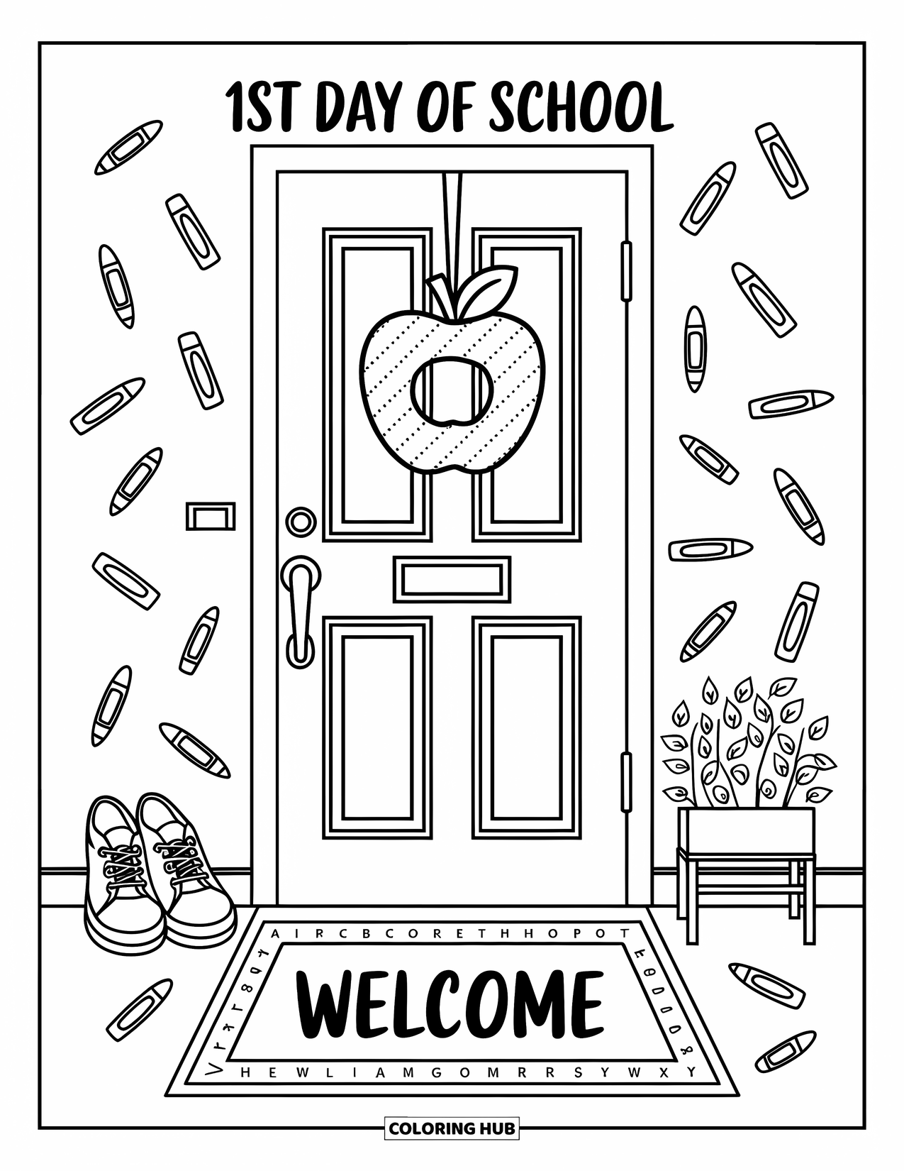 Back To School Coloring Page for Adults: Front door with school shoes, apple wreath, and alphabet rug