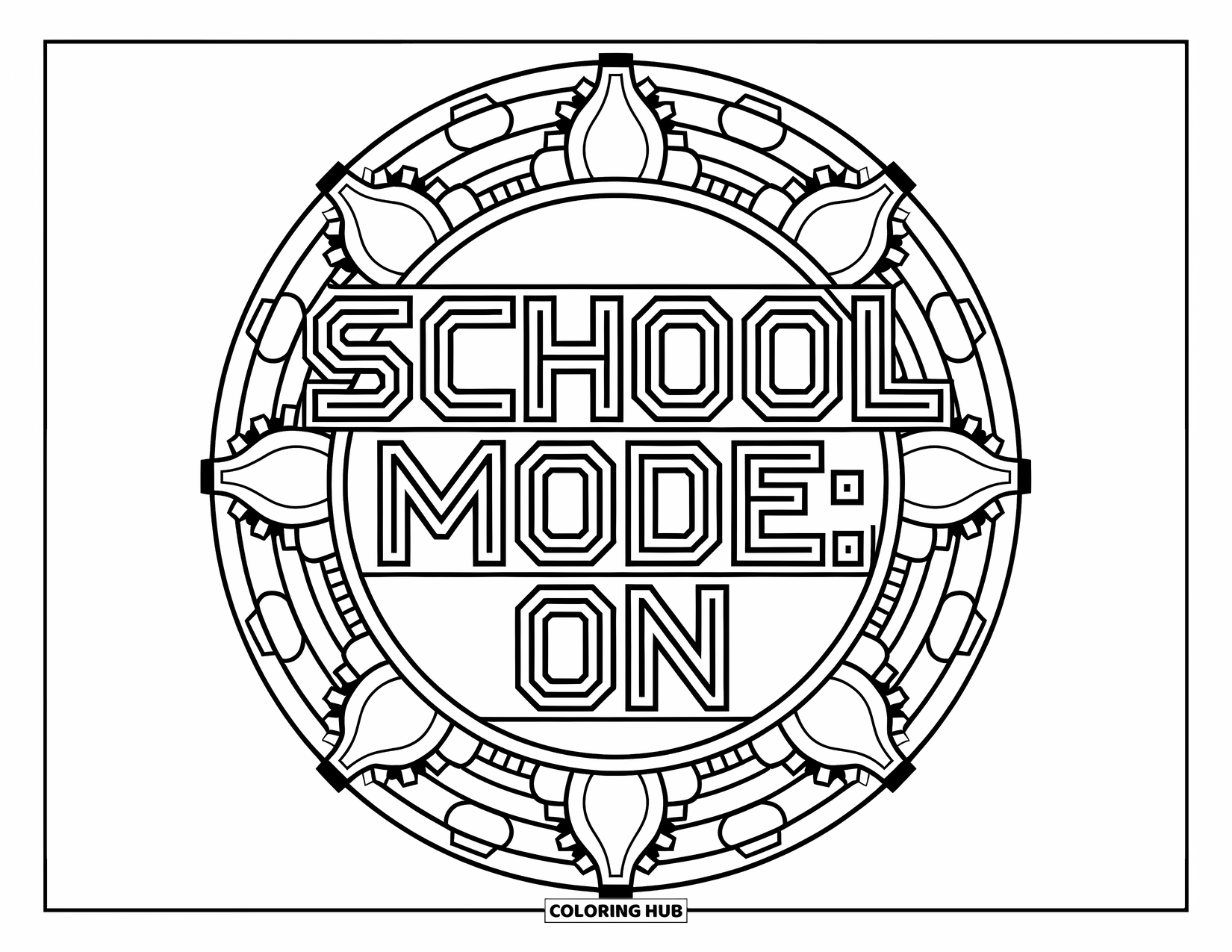 Back To School Coloring Page for Adults: Gears and tech icons frame the phrase "School Mode: ON" in digital font