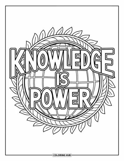 Back To School Coloring Page for Adults: "Knowledge is Power" nestled in a learning mandala of globe and leaf icons