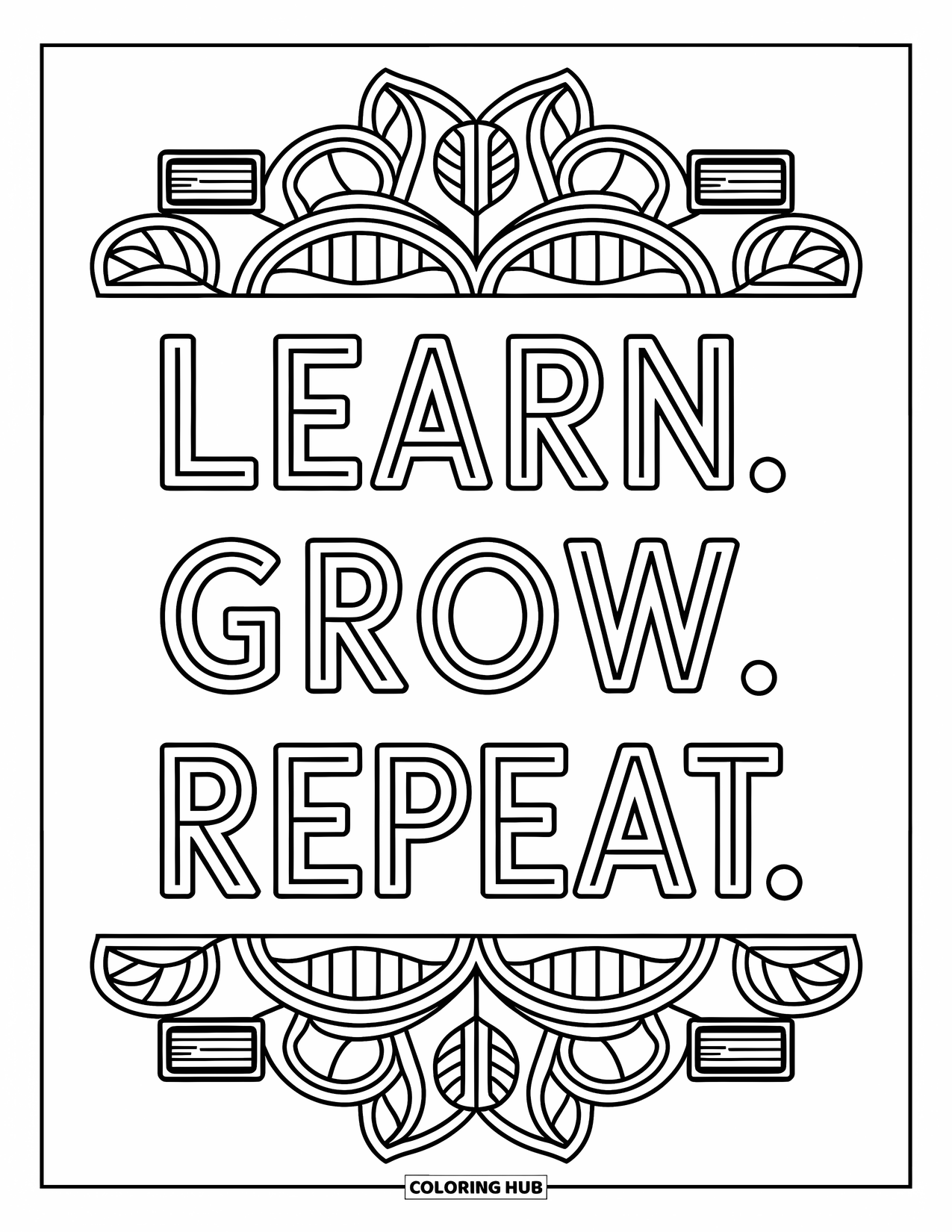 Back To School Coloring Page for Adults: "Learn. Grow. Repeat." with books and leafy vines in a growth-inspired mandala