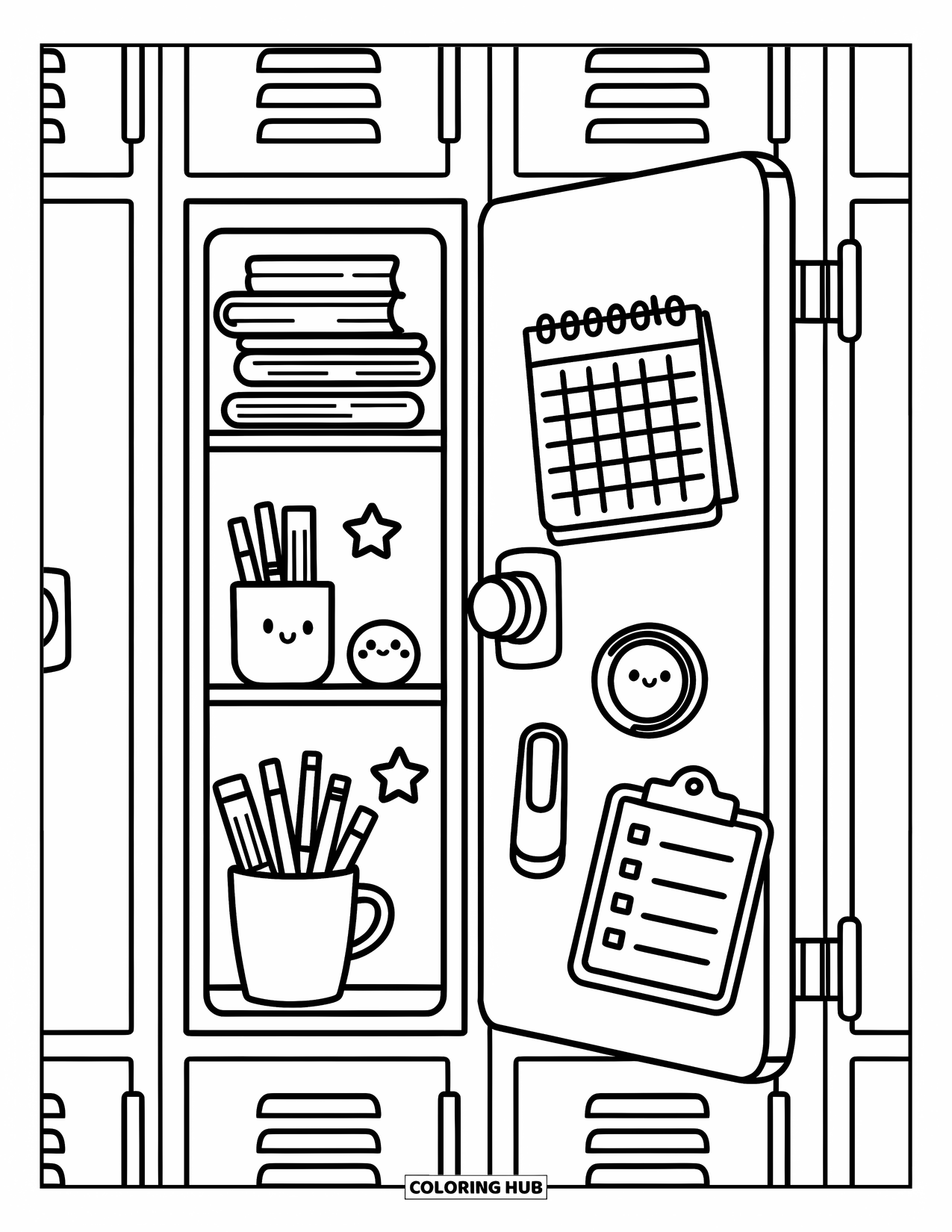 Back To School Coloring Page for Adults: Locker door open with books, notes, and a cozy setup inside
