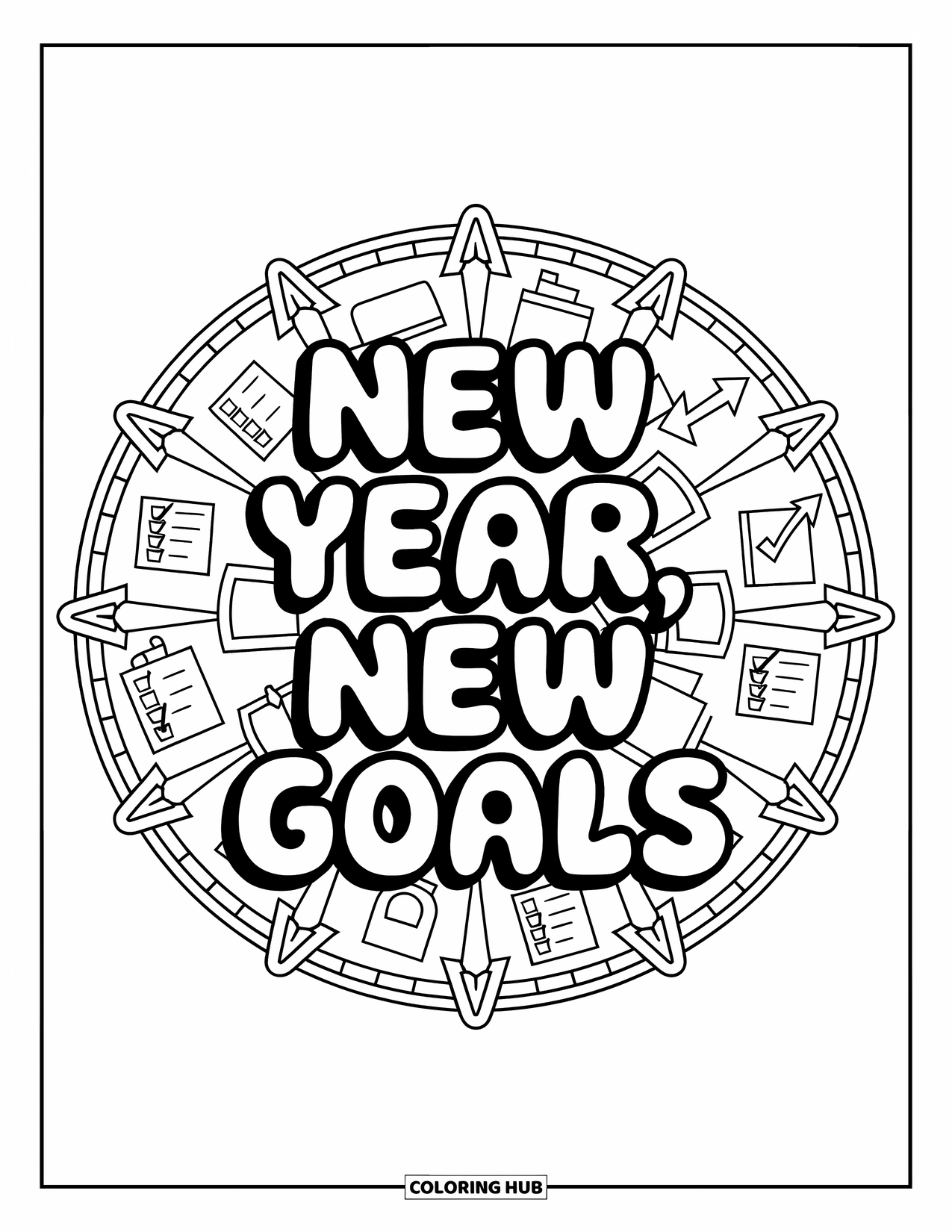 Back To School Coloring Page for Adults: "New Year, New Goals" with clocks, checklists, and arrows in a goal-themed mandala