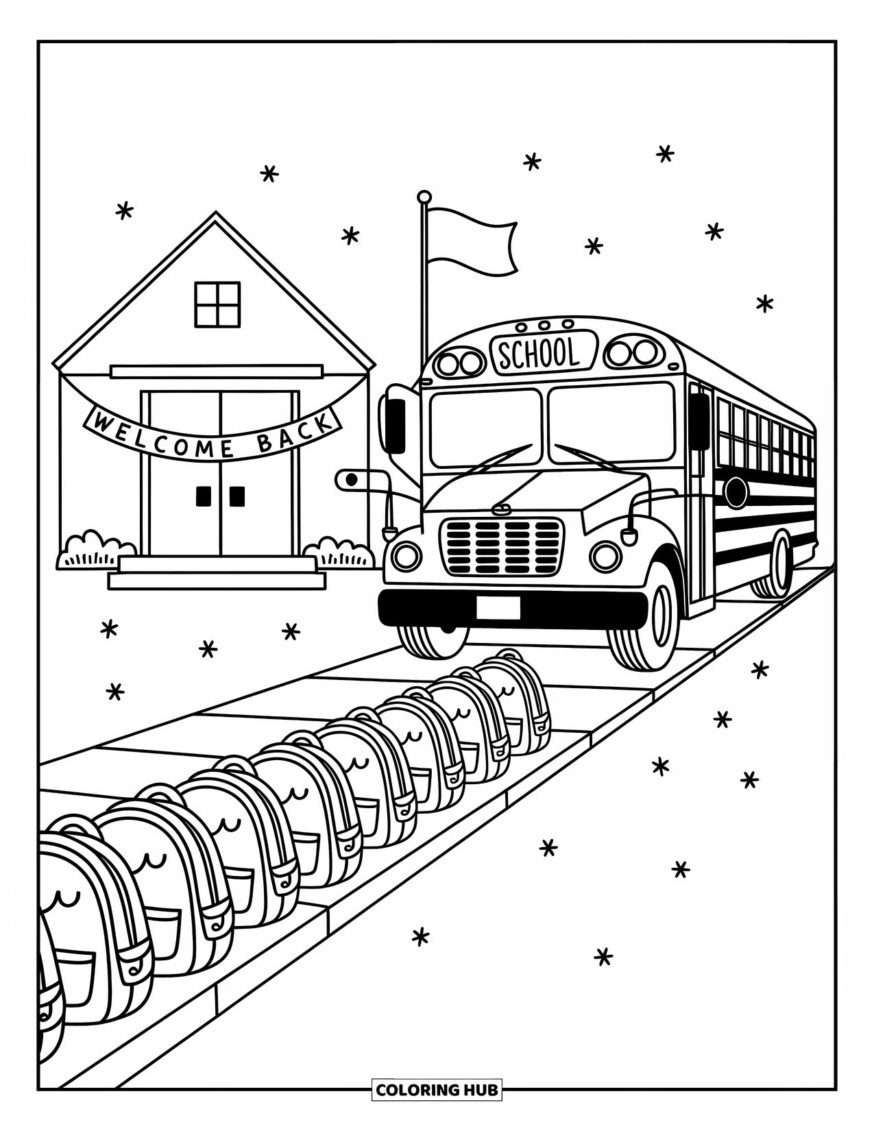Back To School Coloring Page for Adults: Open school bus door with a flag-waving school and lined-up backpacks