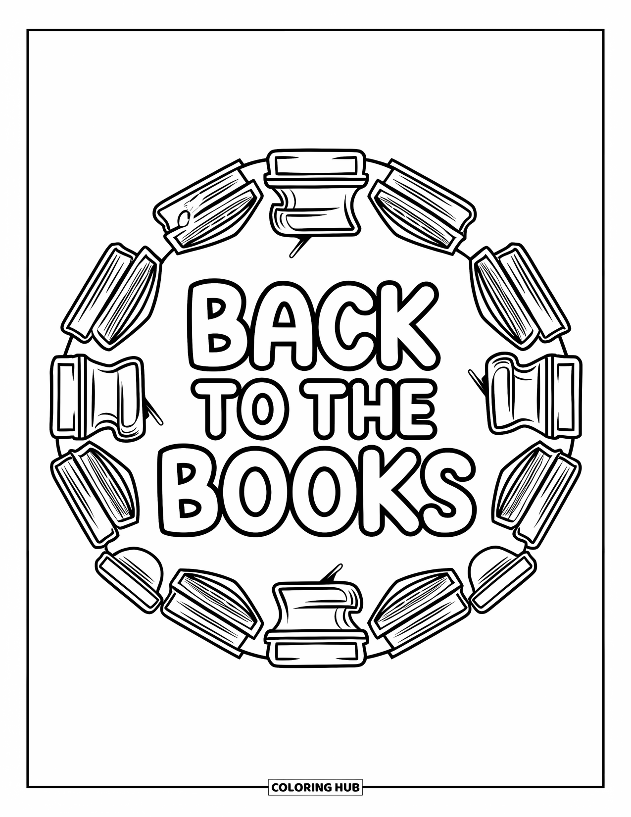 Back To School Coloring Page for Adults: Playful "Back to the Books" framed by a school-themed mandala