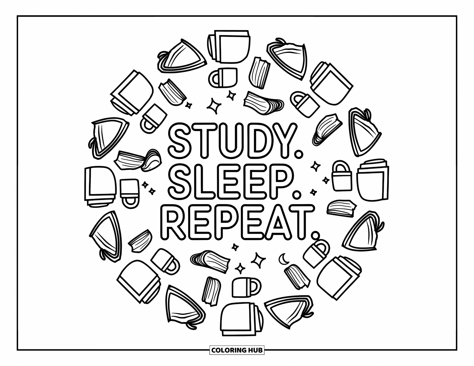 Back To School Coloring Page for Adults: "Study. Sleep. Repeat." with a fun mix of books, cups, and moon patterns