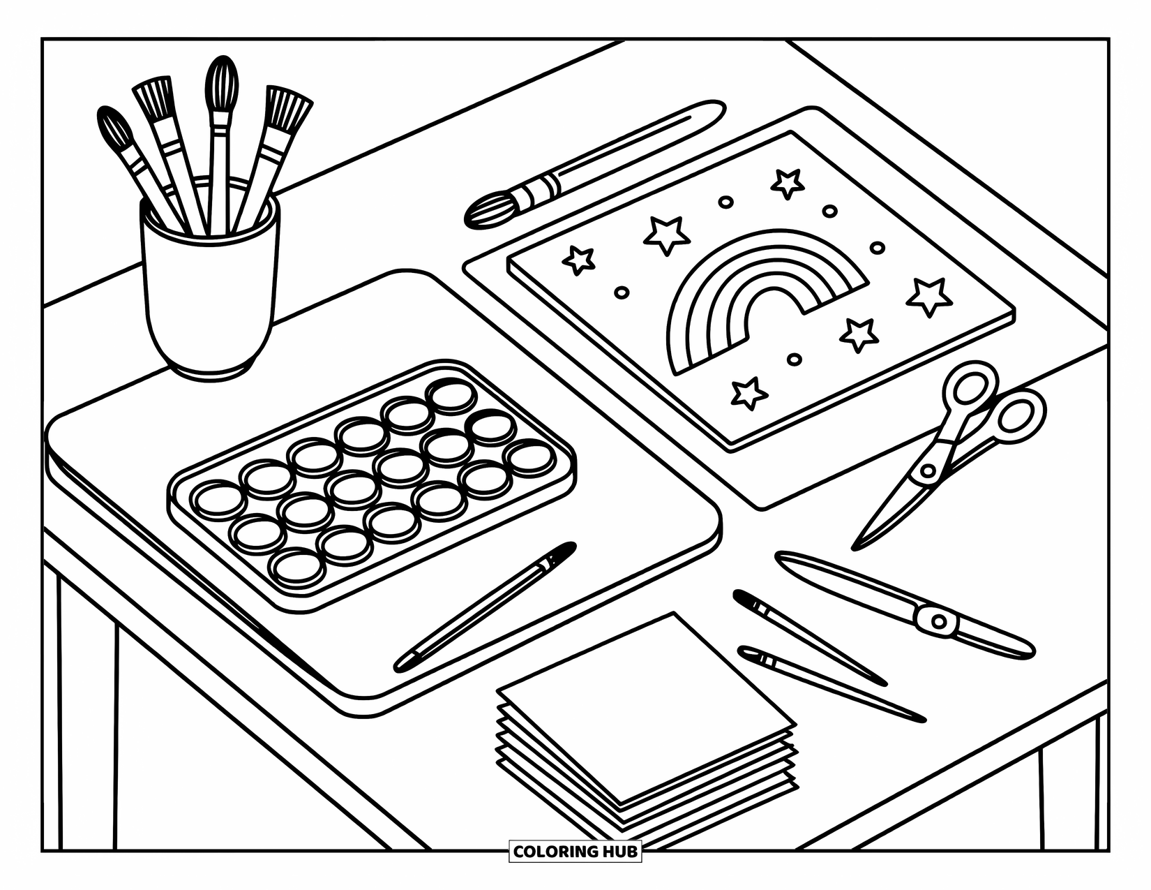 Back To School Coloring Page for Adults: Tidy classroom table with brushes, rainbows, stars, and paper stacks