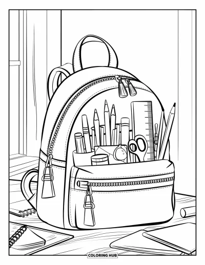 Back To School Coloring Page for Kids: A backpack with supplies, books, and a notebook rests on a simple classroom table