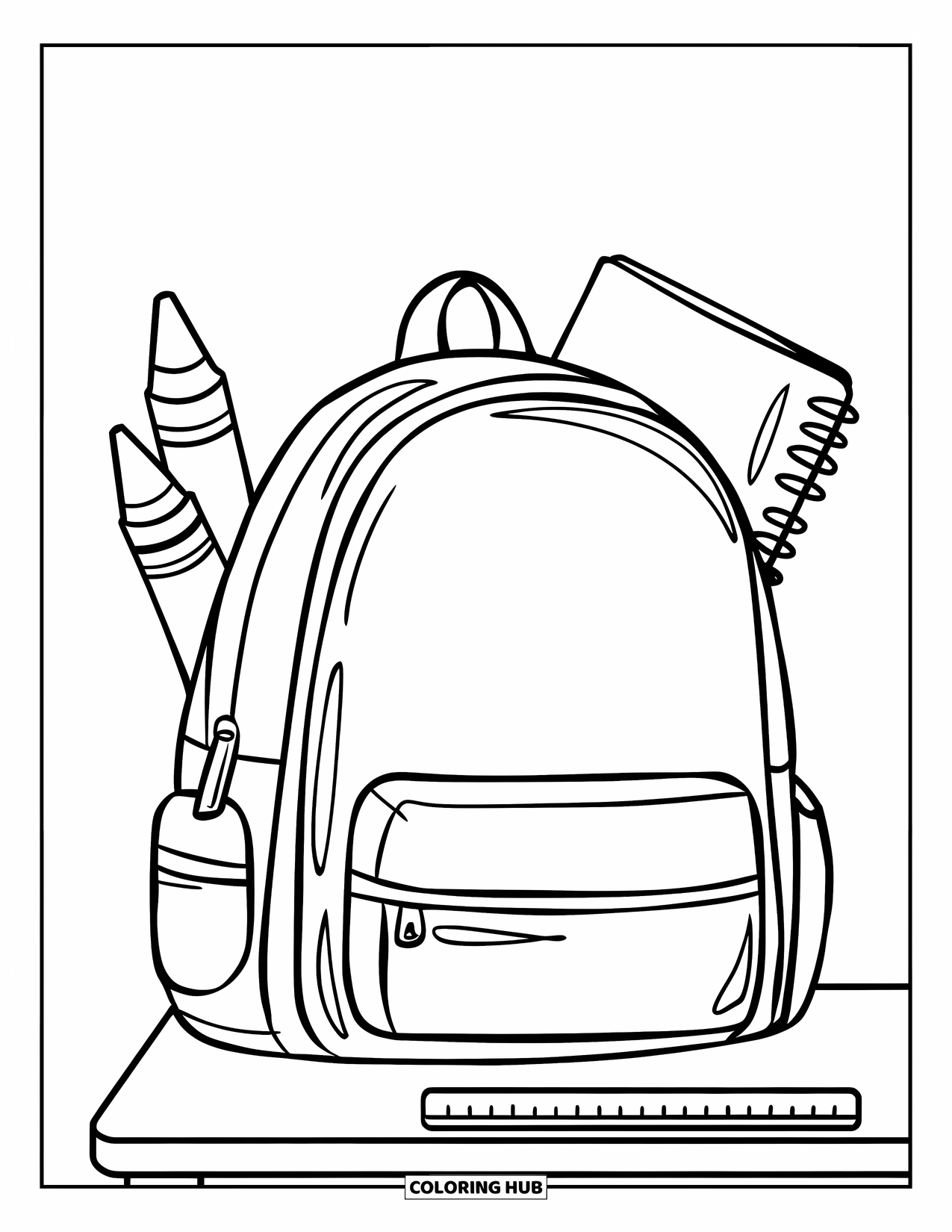 Back To School Coloring Page for Kids: Backpack on a desk with a notebook, crayon, and ruler peeking out