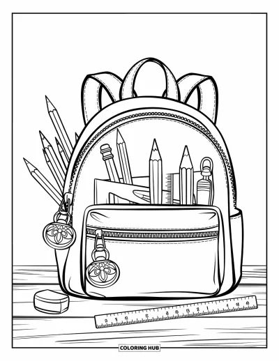 Back To School Coloring Page for Kids: Backpack with zippers and charms sits on a wooden table filled with school supplies