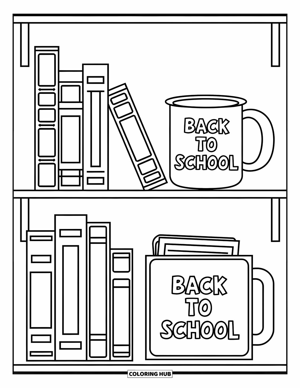 Back To School Coloring Page for Kids: Books and folders sit neatly on a shelf with a "Back to School" mug