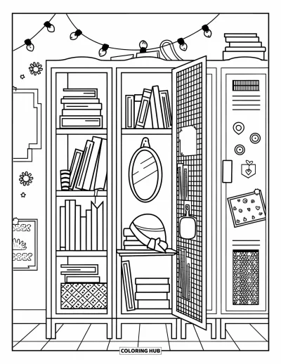 Back To School Coloring Page for Kids: Books, hat, and lights decorate a locker with a mirror and tiled floor