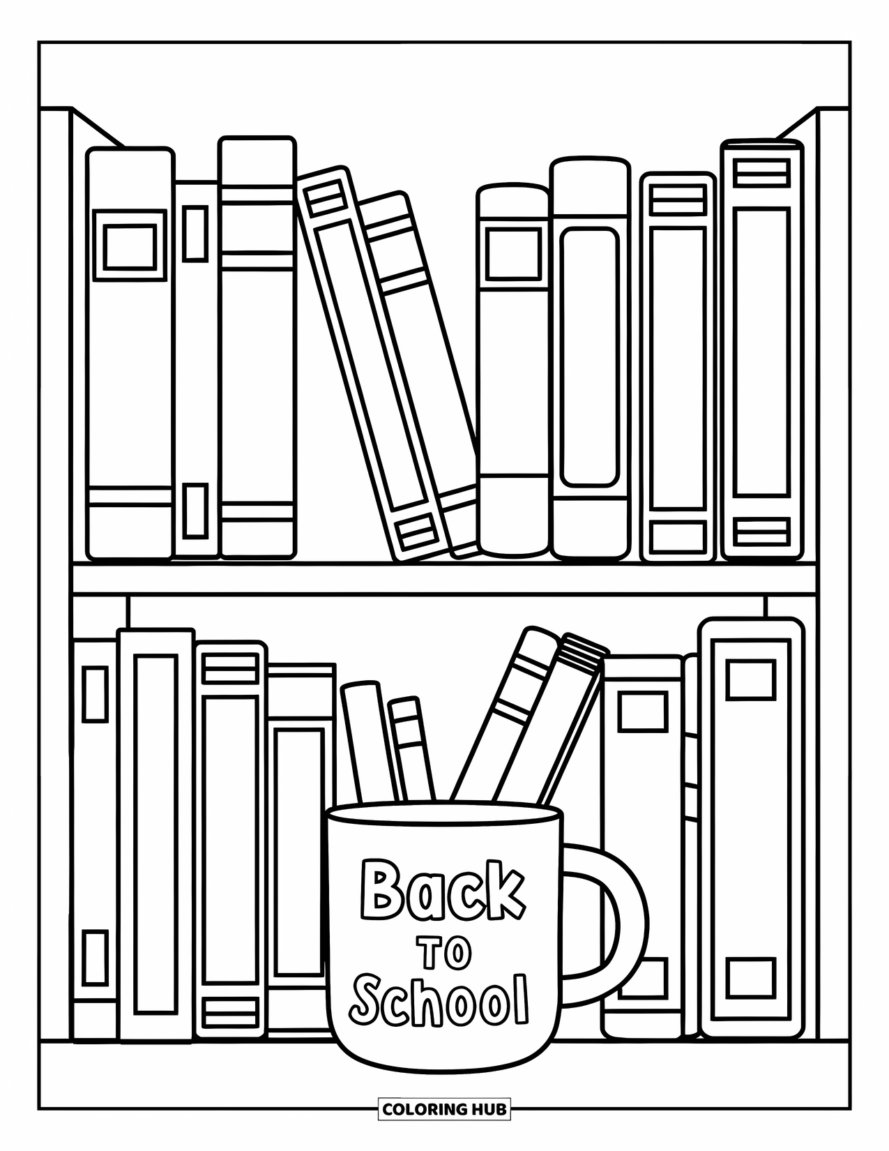 Back To School Coloring Page for Kids: Bookshelf filled with textbooks and folders, plus a "Back to School" mug
