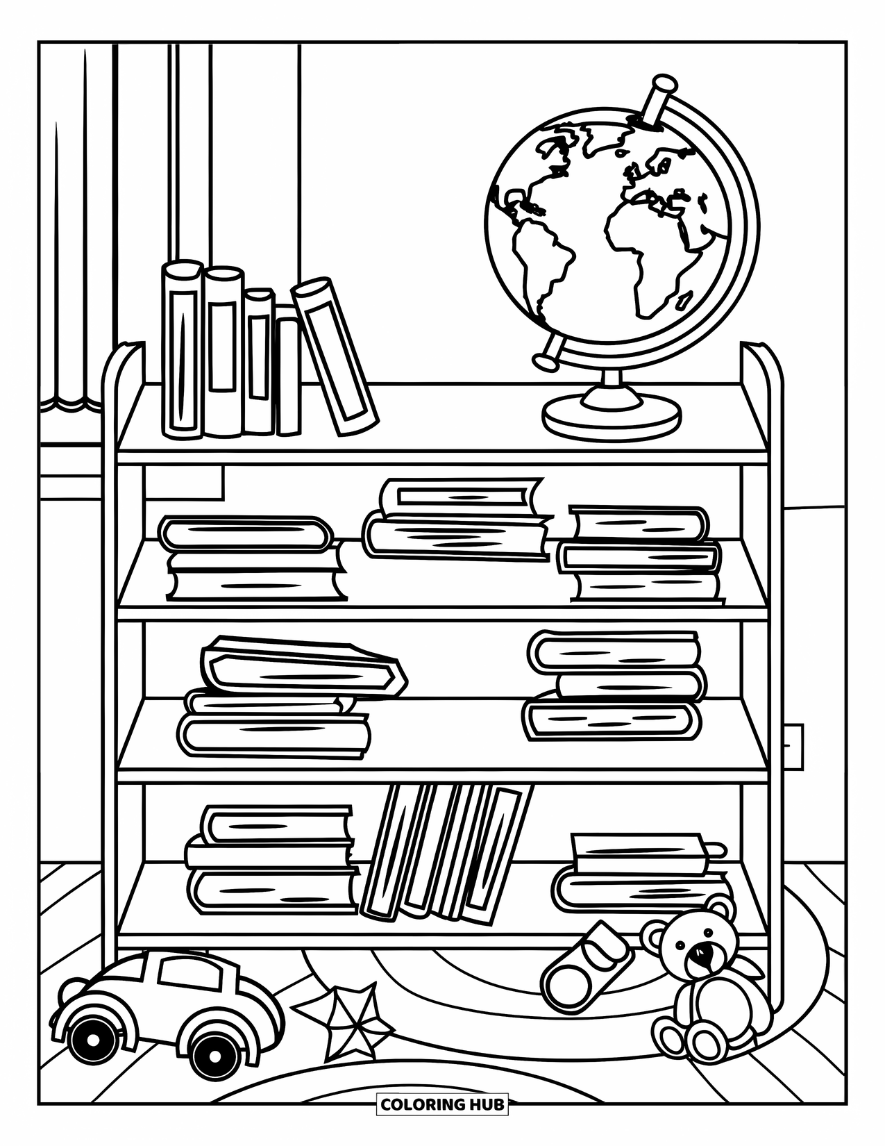 Back To School Coloring Page for Kids: Bookshelf with books, a toy car, a teddy bear, and a top-shelf globe