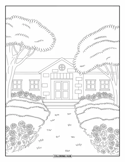 Back To School Coloring Page for Kids: Brick school building with flowers, trees, and a cozy garden