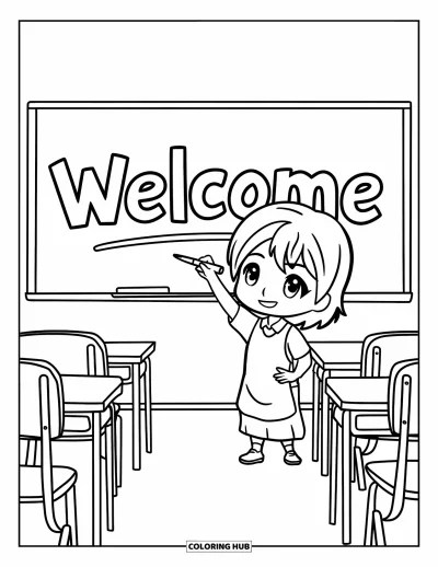 Back To School Coloring Page for Kids: Chibi student writes "Welcome" on a whiteboard in a sunny classroom
