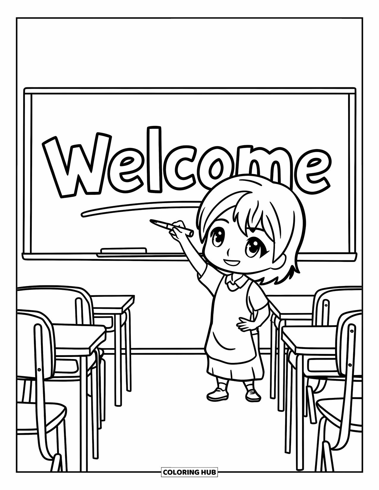Back To School Coloring Page for Kids: Chibi student writes "Welcome" on a whiteboard in a sunny classroom