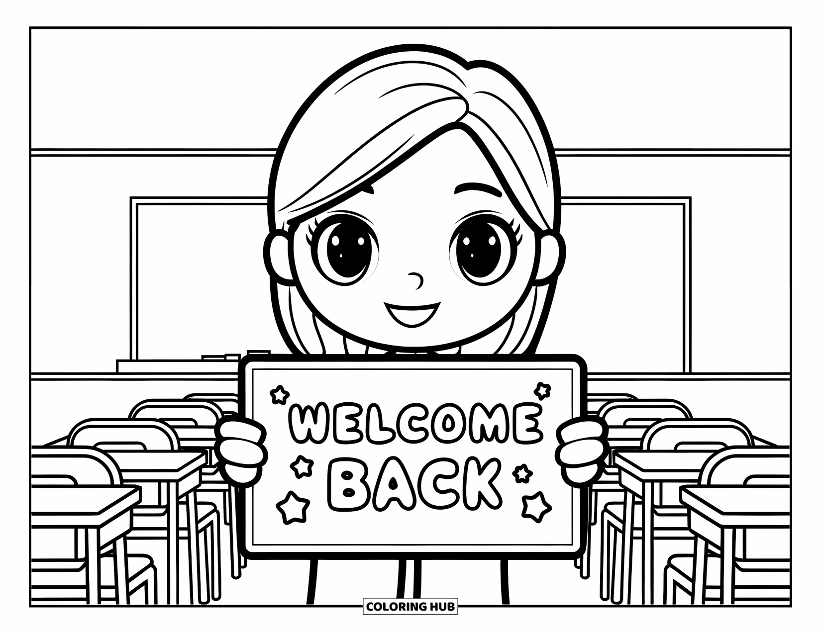 Back To School Coloring Page for Kids: Chibi teacher welcomes students in a classroom with desks and whiteboard