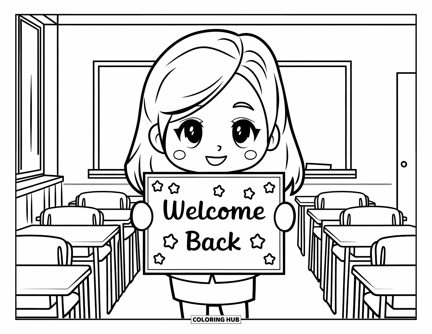 Back To School Coloring Page for Kids: Chibi teacher with a welcome sign stands near desks and chalkboard