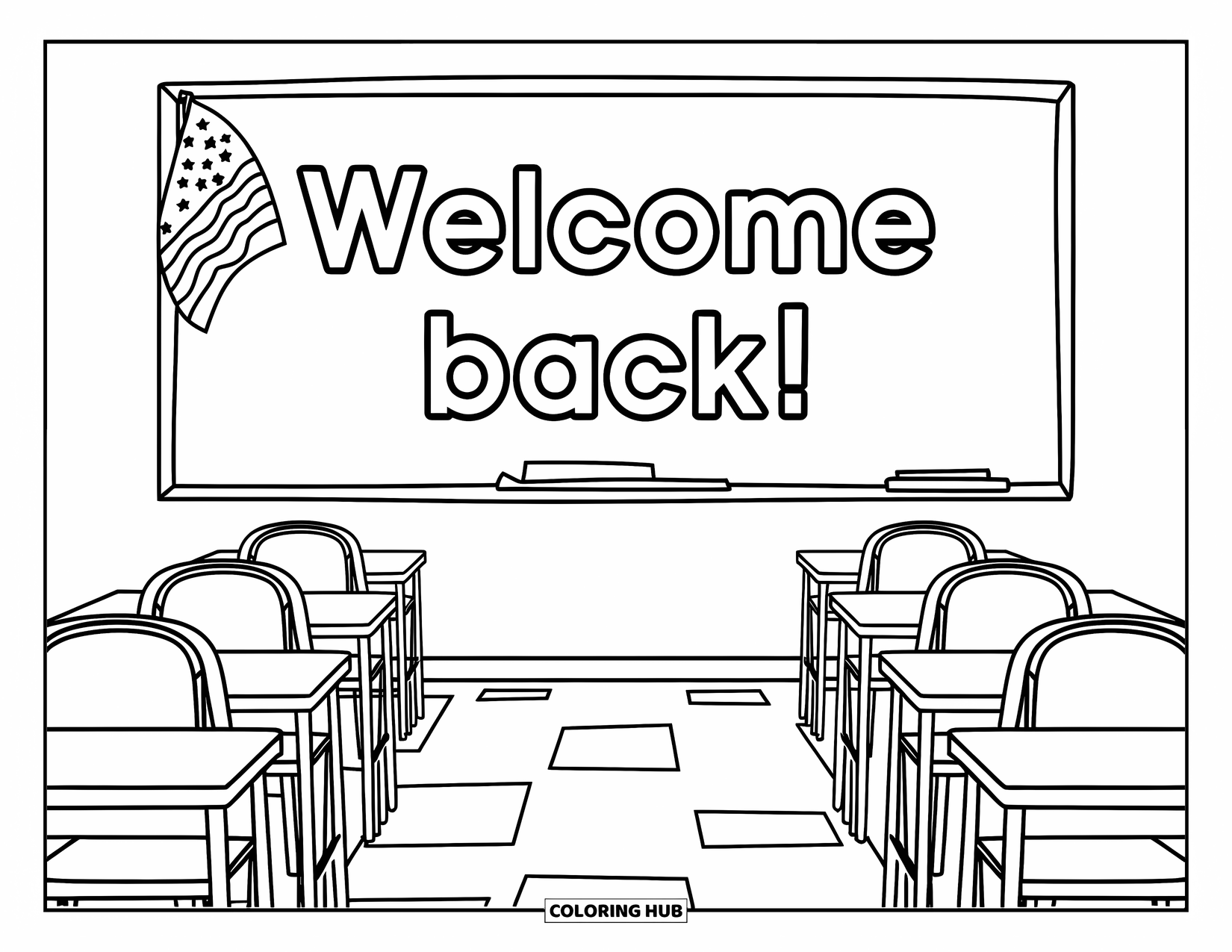 Back To School Coloring Page for Kids: Classroom with a flag, square-tile floor, and a cheerful "Welcome Back" chalkboard