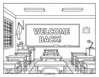 Back To School Coloring Page for Kids: Classroom with flag, lamp, plant, and a geometric floor under a "Welcome Back" sign