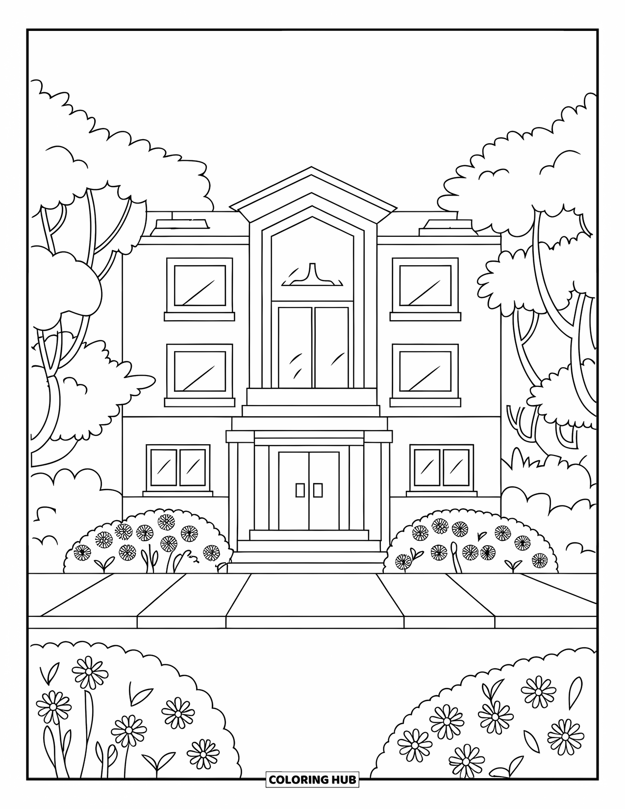 Back To School Coloring Page for Kids: Cozy school building with trees and flowers under a clear sky