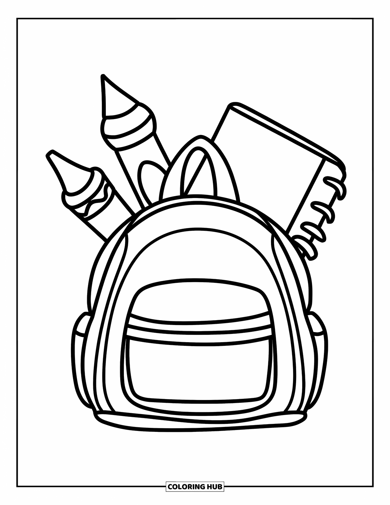 Back To School Coloring Page for Kids: Crayon and notebook peek from a simple backpack with bold outlines