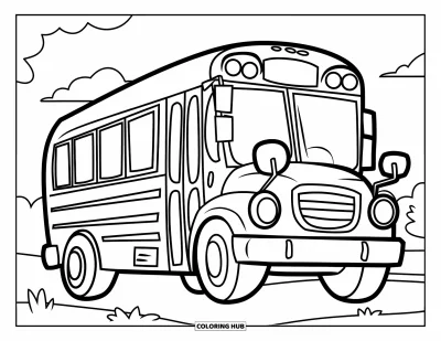 Back To School Coloring Page for Kids: Happy school bus on grassy field beneath a sunny sky