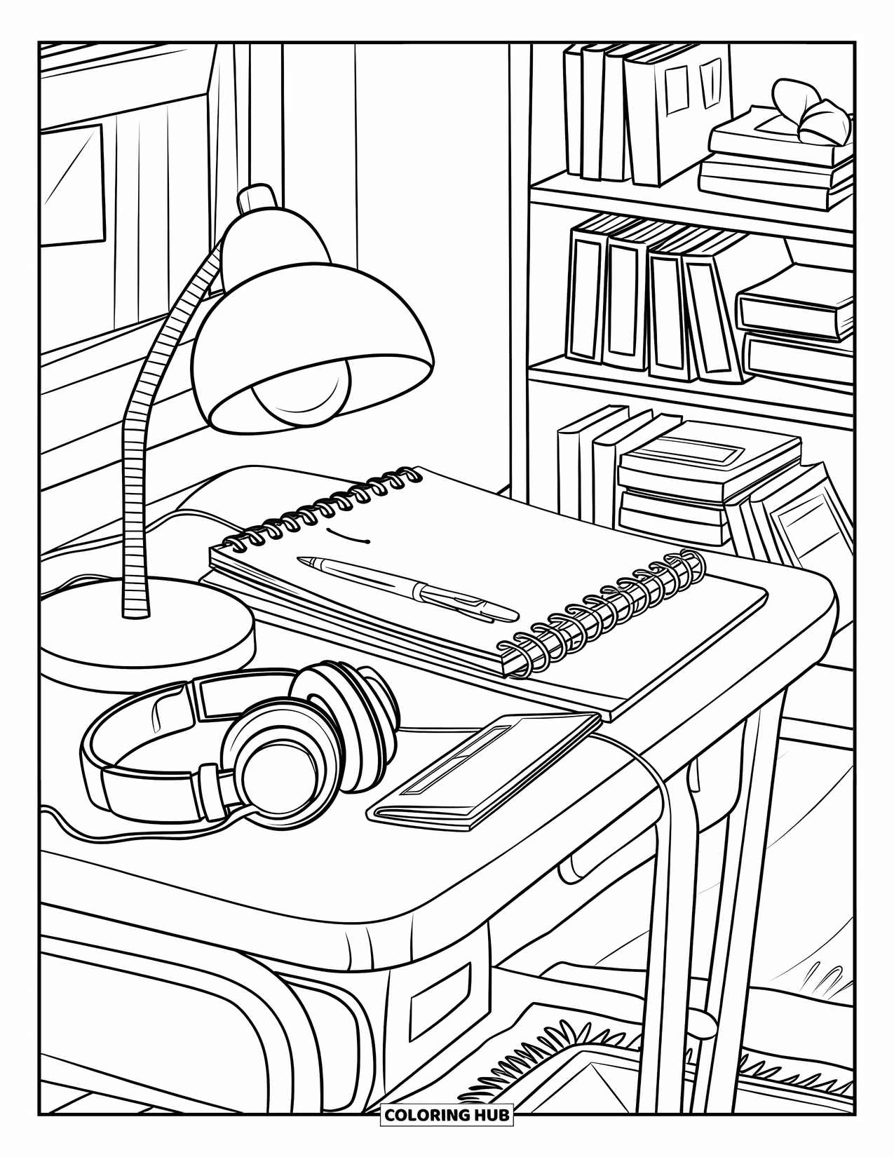 Back To School Coloring Page for Kids: Headphones, books, and planner sit on a cozy desk near a bookshelf and rug