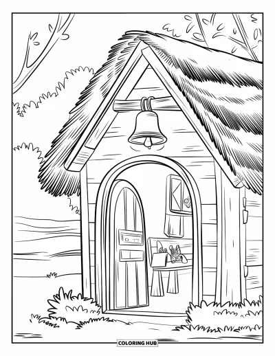 Back To School Coloring Page for Kids: Inviting wooden schoolhouse with a bell, bench, and nearby water