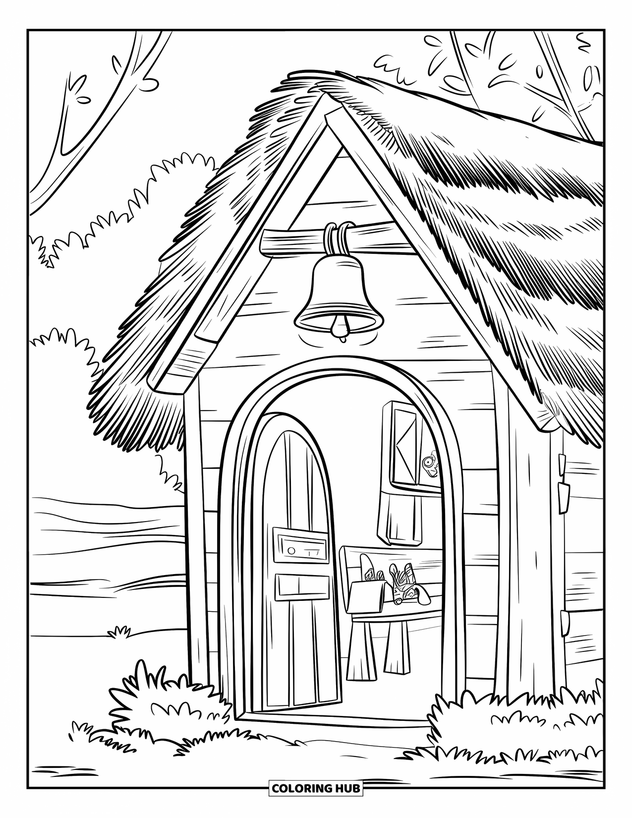 Back To School Coloring Page for Kids: Inviting wooden schoolhouse with a bell, bench, and nearby water