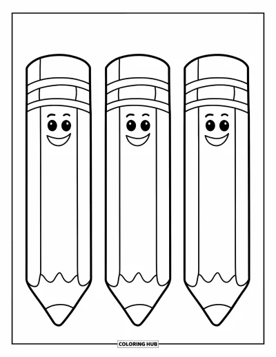 Back To School Coloring Page for Kids: Jumbo pencils with smiley erasers stand in a playful row