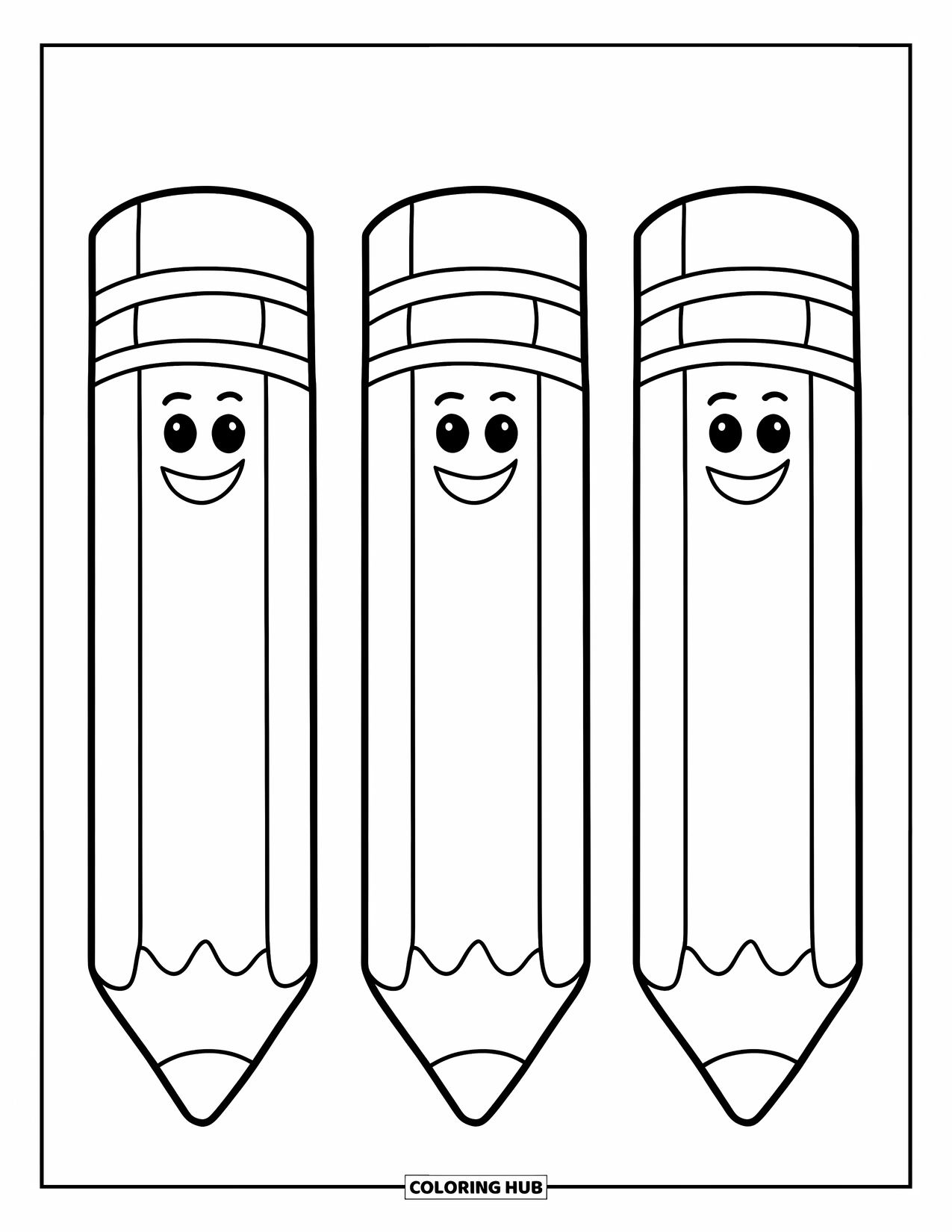 Back To School Coloring Page for Kids: Jumbo pencils with smiley erasers stand in a playful row