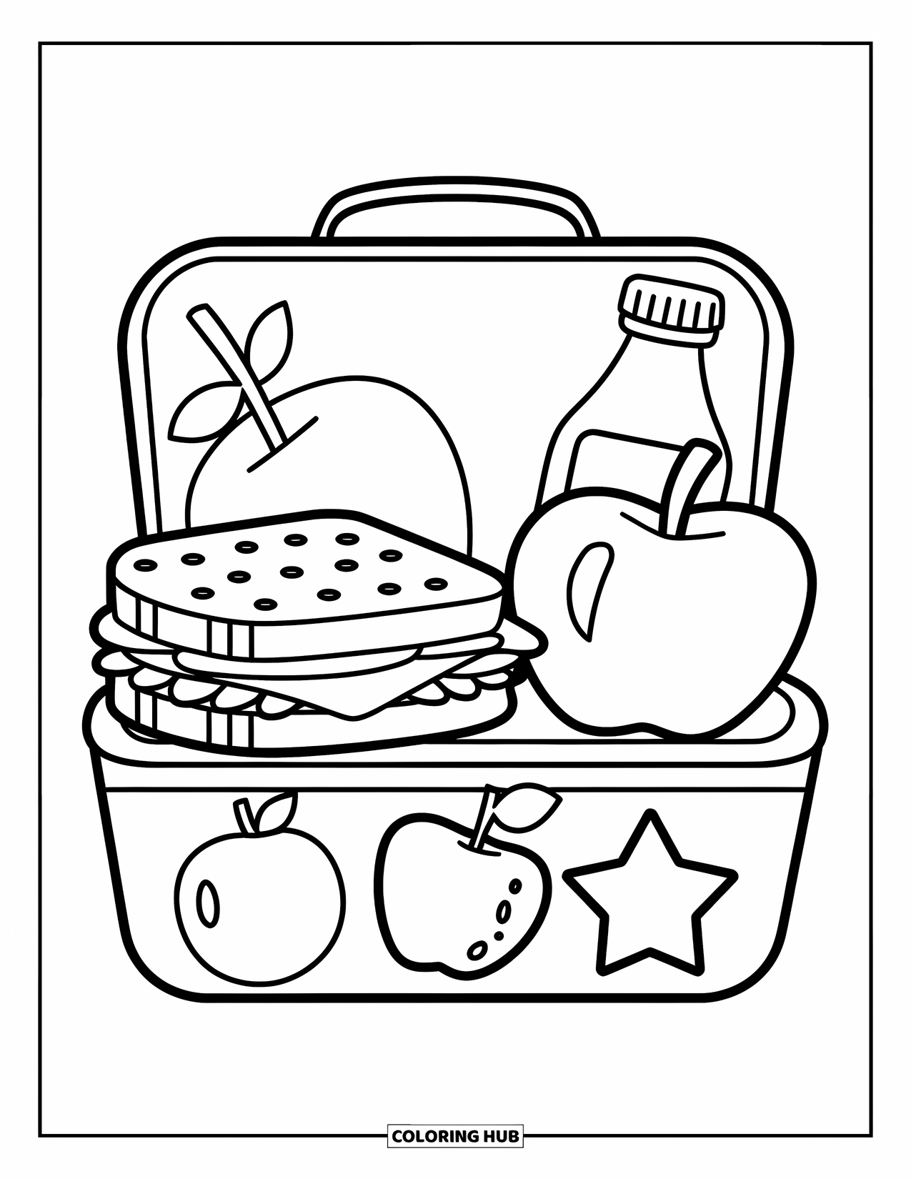 Back To School Coloring Page for Kids: Lunchbox with fruit design holds sandwich, apple, and bottle