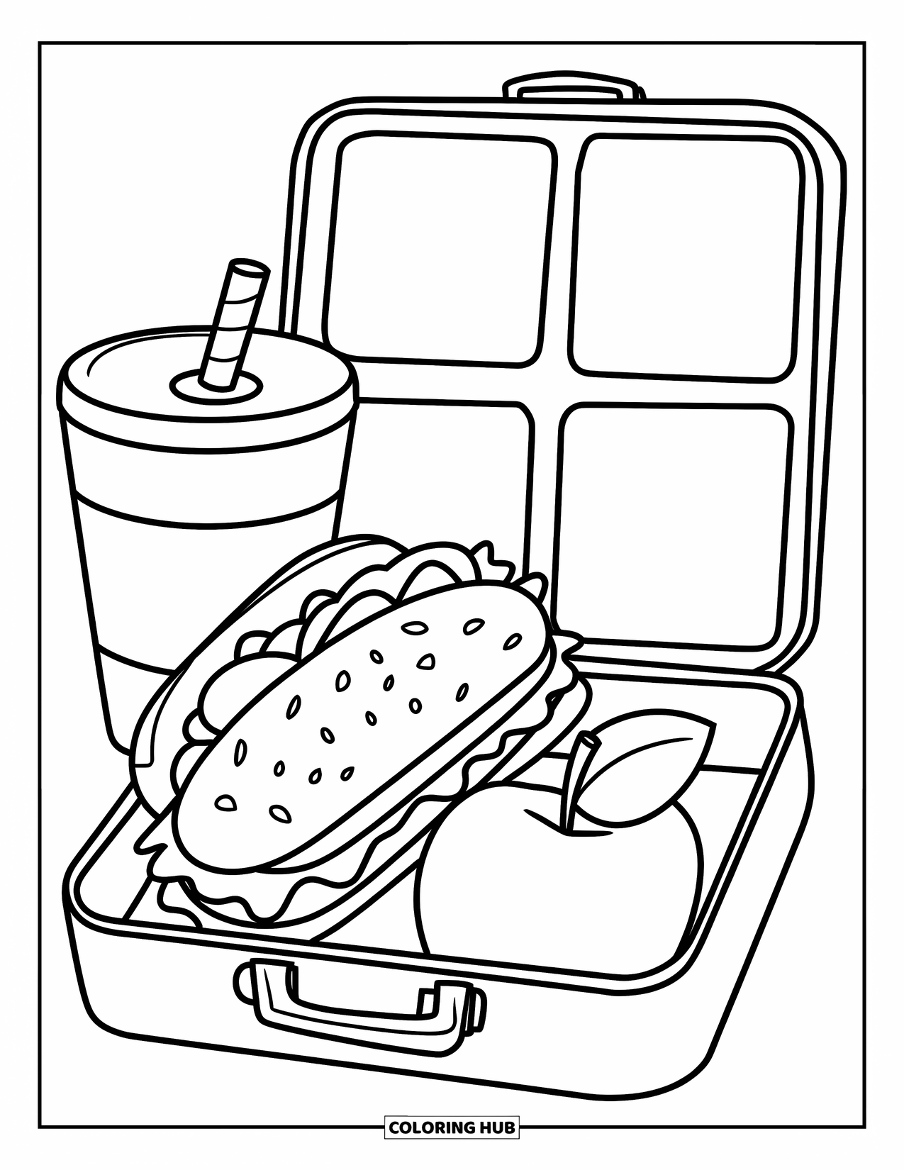 Back To School Coloring Page for Kids: Preschool lunchbox with sandwich, apple, and drink in cheerful outlines